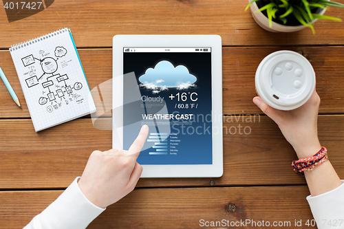 Image of close up of woman with tablet pc on wooden table