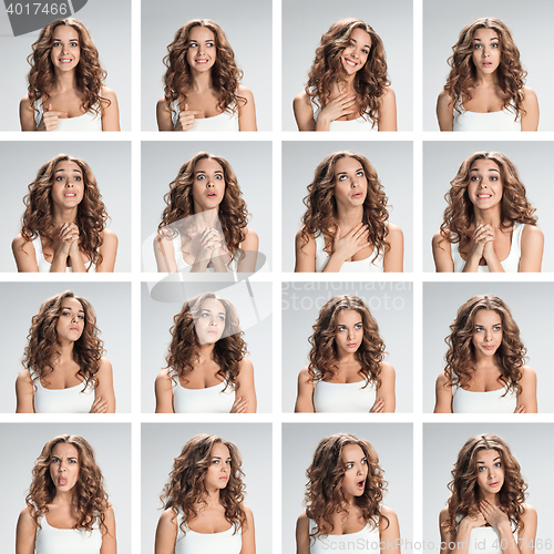 Image of The collage from different woman emotions on gray background