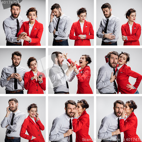 Image of The collage from images of young businessman and businesswoman on gray background