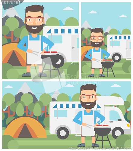 Image of Man having barbecue in front of camper van.