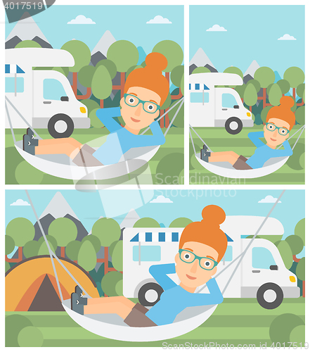 Image of Woman lying in hammock in front of motor home.