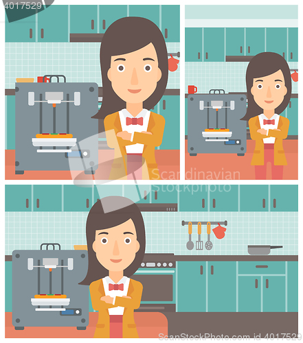 Image of Woman with three D printer vector illustration.