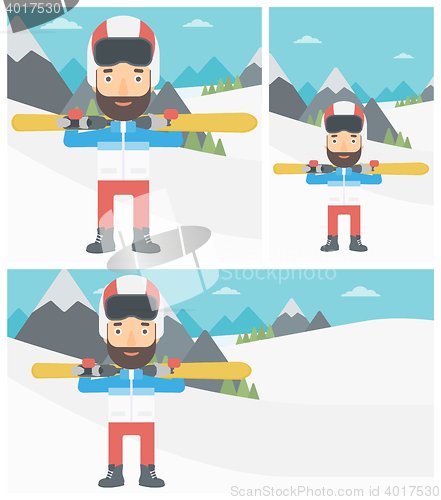 Image of Man holding skis vector illustration.