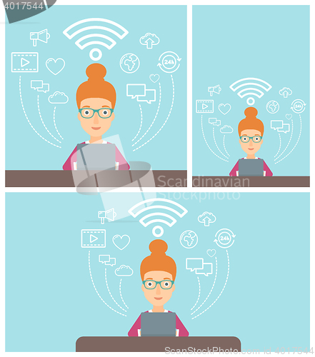 Image of Woman working on laptop vector illustration.