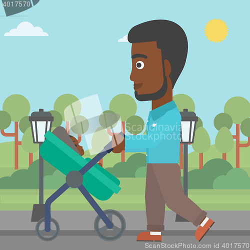 Image of Father walking with his baby in stroller.