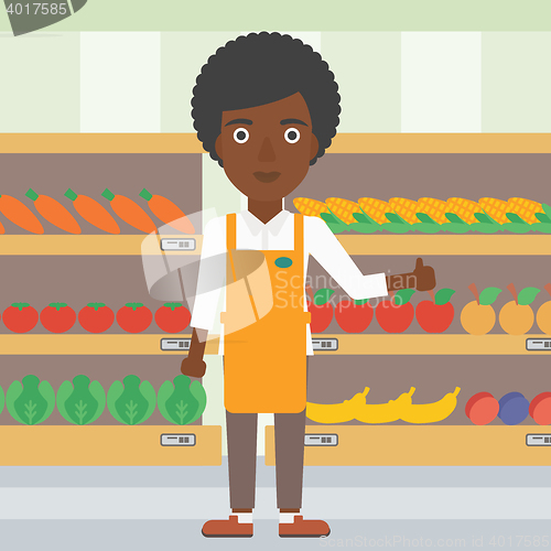 Image of Friendly supermarket worker vector illustration.