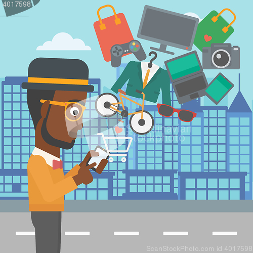 Image of Man making purchases online vector illustration.