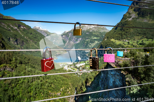 Image of Geiranger fjord view point Lookout observation deck, Norway.