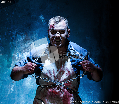 Image of Bloody Halloween theme: crazy killer as butcher