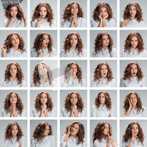 Image of The collage from different woman emotions on gray background