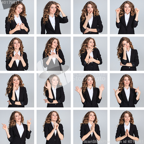 Image of The collage from different woman emotions on gray background