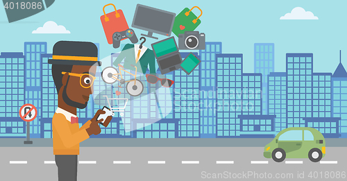 Image of Man making purchases online vector illustration.