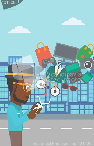 Image of Man making purchases online vector illustration.