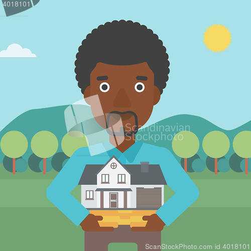 Image of Man holding house model vector illustration.