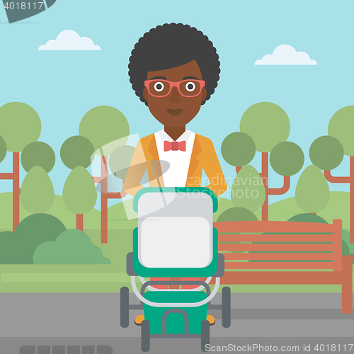 Image of Mother walking with baby stroller.