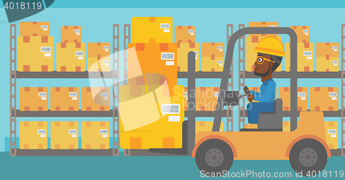 Image of Warehouse worker moving load by forklift truck.