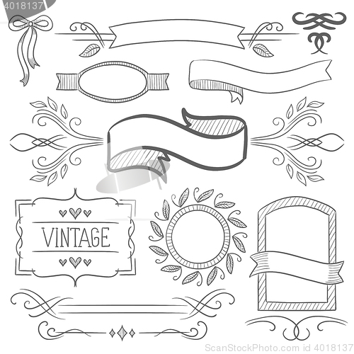 Image of Set of vintage ribbons, frames and elements.