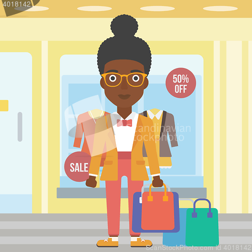 Image of Happy woman with bags vector illustration.
