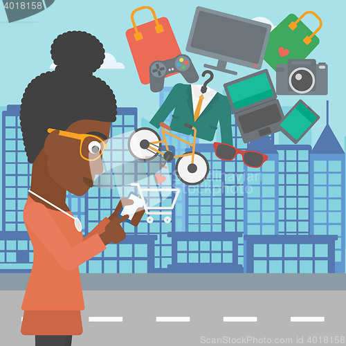 Image of Woman making purchases online vector illustration.