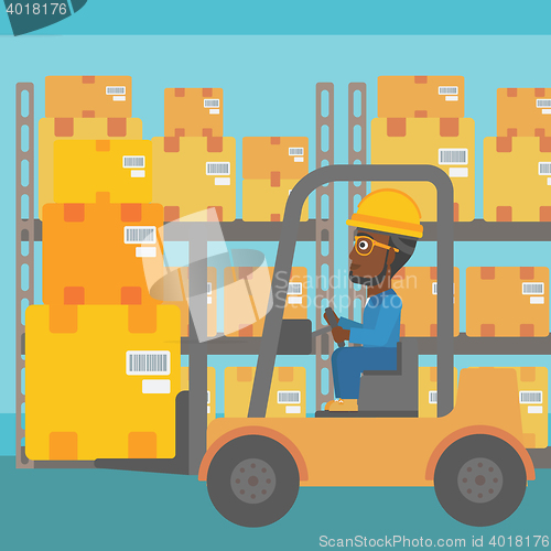 Image of Warehouse worker moving load by forklift truck.