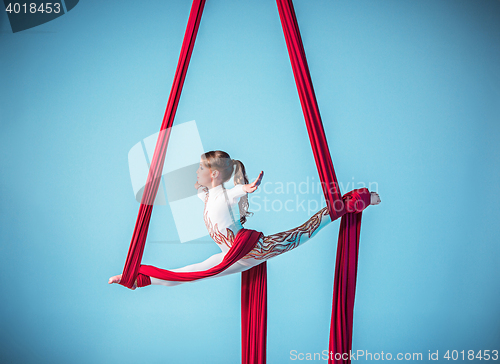 Image of Graceful gymnast performing aerial exercise