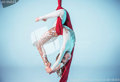 Image of Graceful gymnast performing aerial exercise