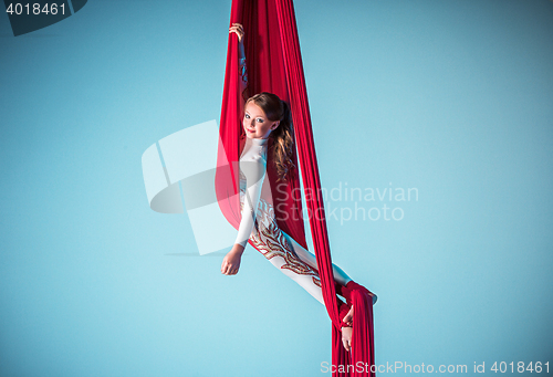 Image of Graceful gymnast performing aerial exercise