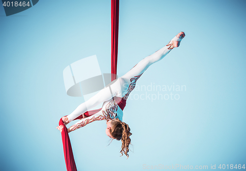 Image of Graceful gymnast performing aerial exercise