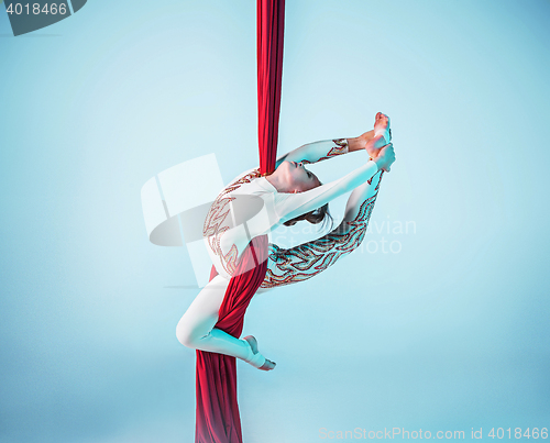 Image of Graceful gymnast performing aerial exercise