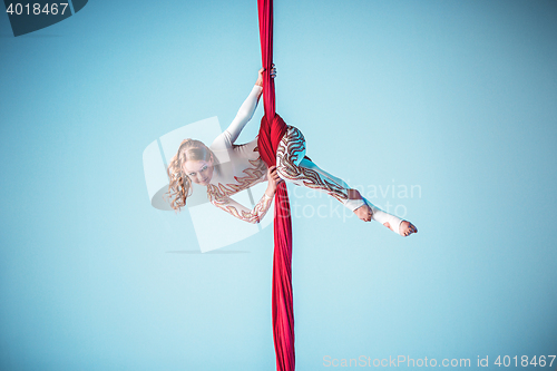 Image of Graceful gymnast performing aerial exercise