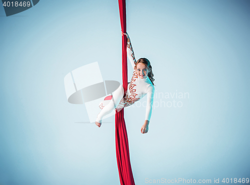 Image of Graceful gymnast performing aerial exercise