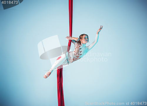 Image of Graceful gymnast performing aerial exercise