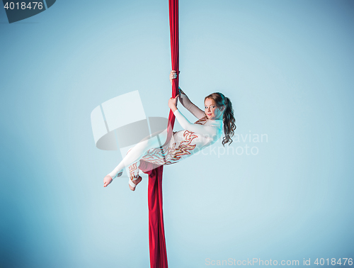 Image of Graceful gymnast performing aerial exercise