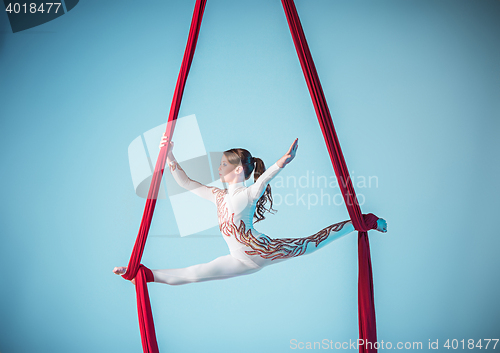 Image of Graceful gymnast performing aerial exercise