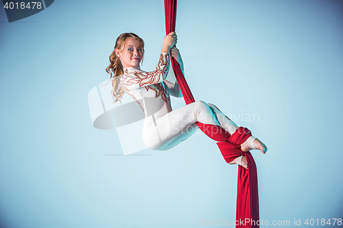 Image of Graceful gymnast performing aerial exercise