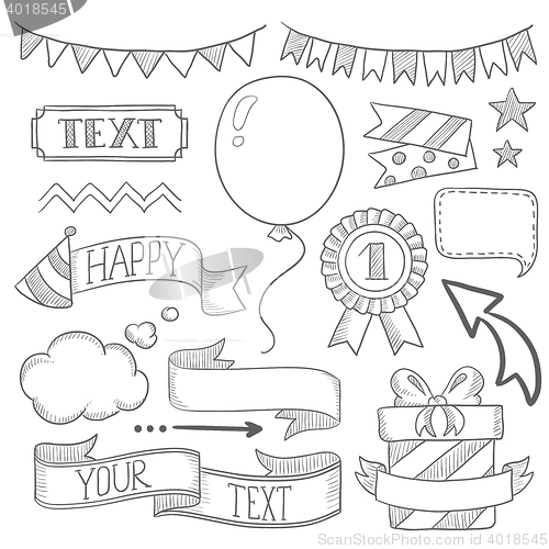 Image of Set of ribbons and elements for party invitation.