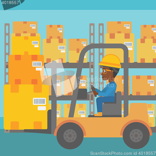 Image of Warehouse worker moving load by forklift truck.