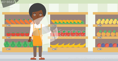 Image of Friendly supermarket worker vector illustration.