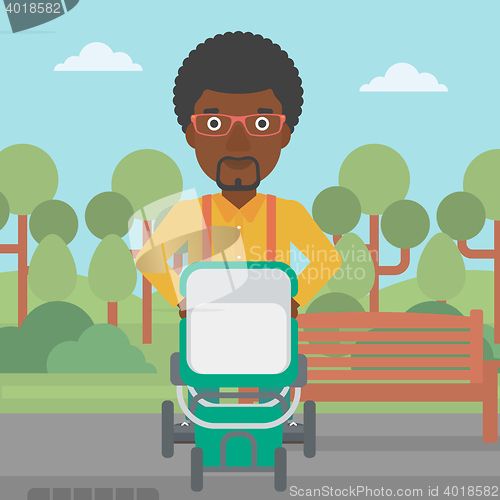 Image of Father walking with baby stroller.