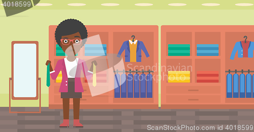 Image of Customer choosing necktie vector illustration.