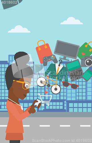 Image of Woman making purchases online vector illustration.