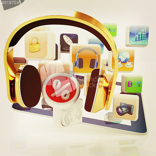 Image of Phone gold on tablet pc with cloud of media application Icons, a