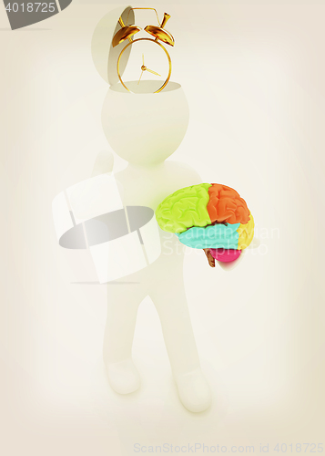 Image of 3d people - man with half head, brain and trumb up. Time concept