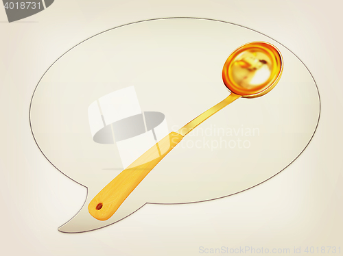Image of messenger window icon and gold soup ladle. 3D illustration. Vint