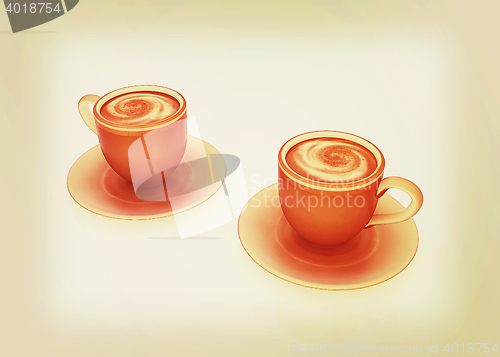 Image of Coffee cups on saucer. 3D illustration. Vintage style.