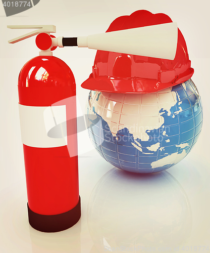 Image of Red fire extinguisher and hardhat on earth. 3D illustration. Vin