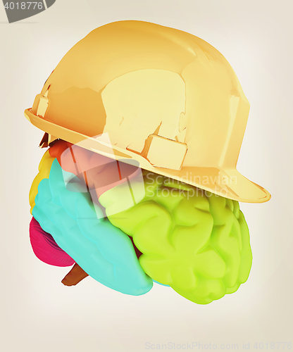 Image of hard hat on brain. 3D illustration. Vintage style.