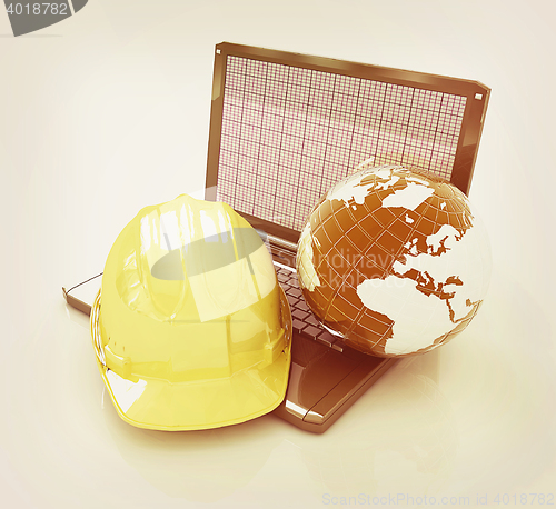 Image of Hard hat and earth on a laptop . 3D illustration. Vintage style.