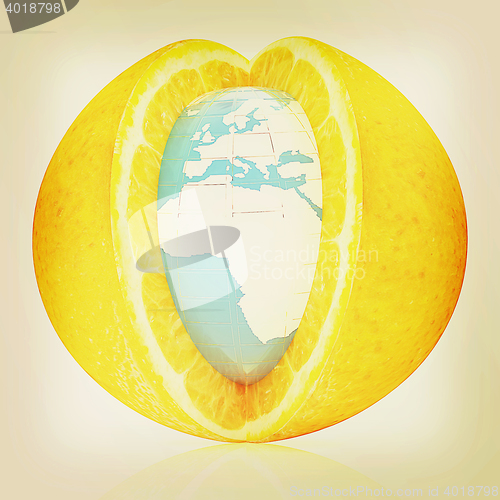 Image of Earth on orange fruit. Creative conceptual image. . 3D illustrat