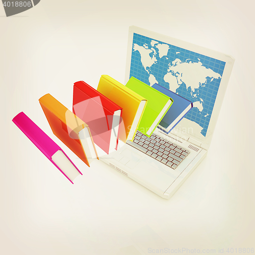 Image of Colorful books flying and laptop . 3D illustration. Vintage styl